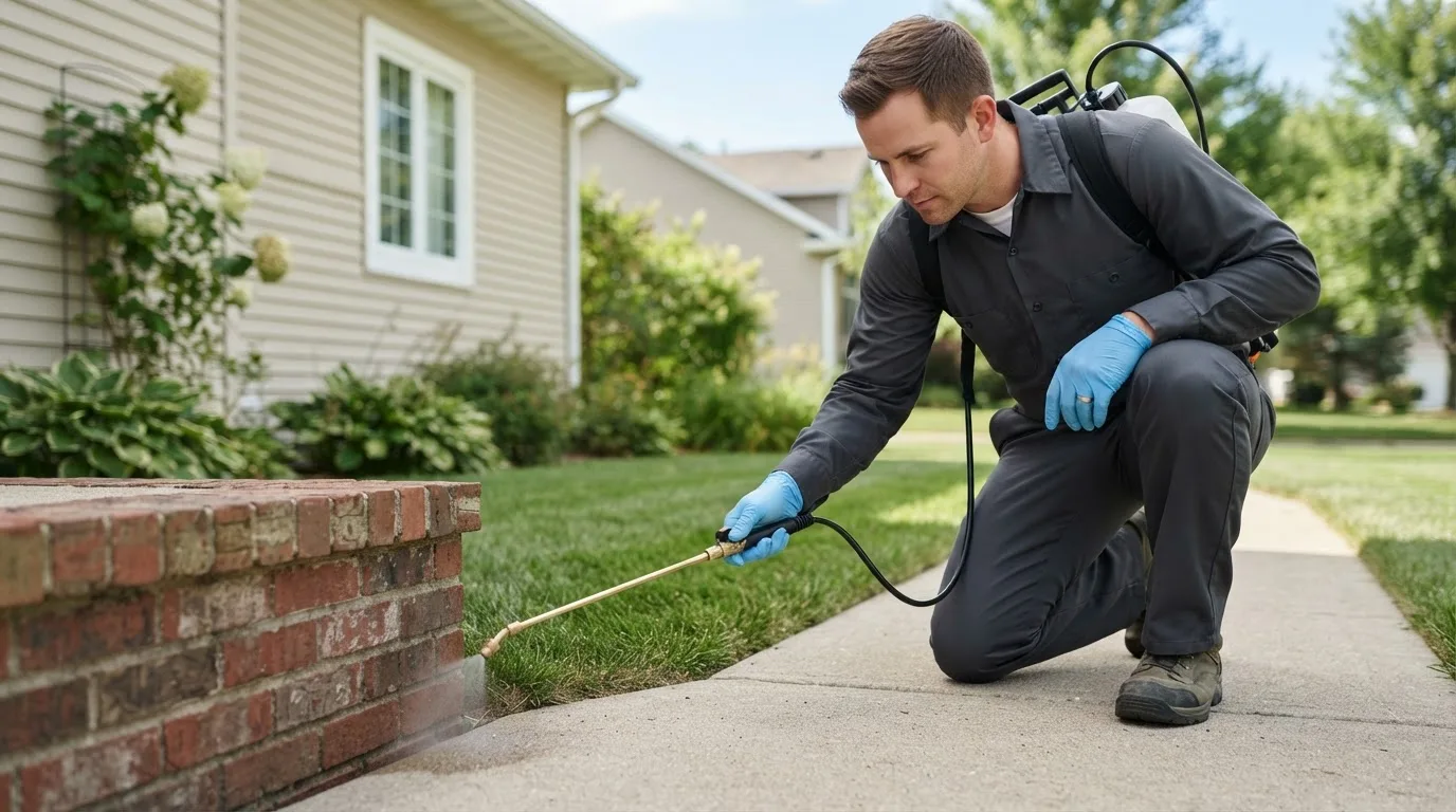 Pest control technician treating a home near Goshen, OH